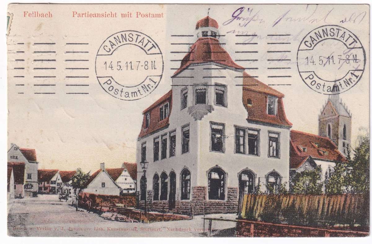Eine alte Postkarte mit der historischen Ansicht der Post in Fellbach.