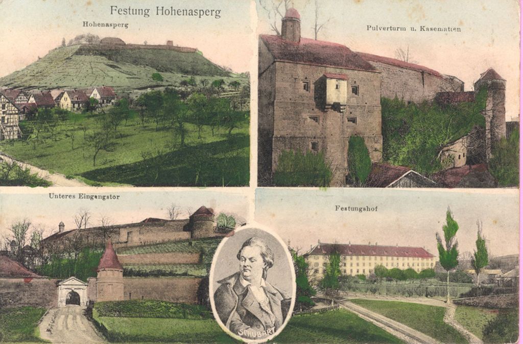 Hohenasperg-Postkarte mit kolorierten Festungs-Ansichten