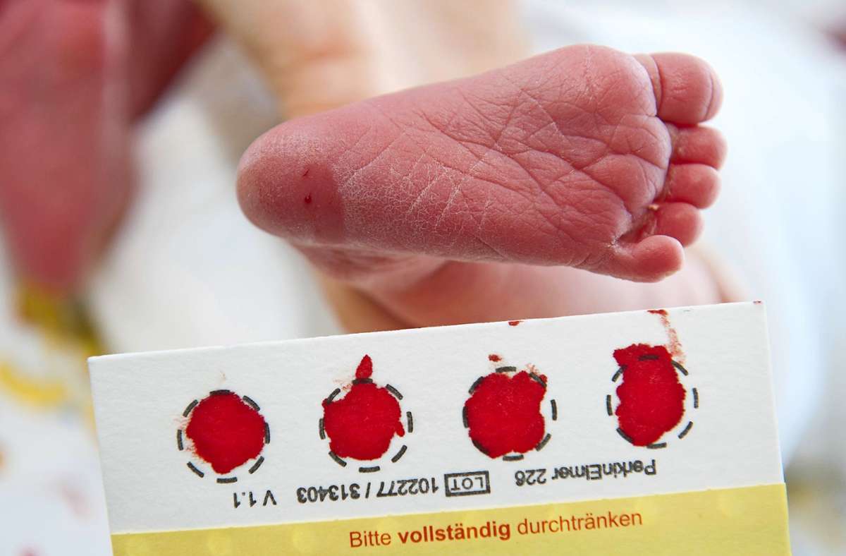 Am Fuß eines Babys wird Blut für das Screening abgenommen. Foto: dpa/Stefan Sauer