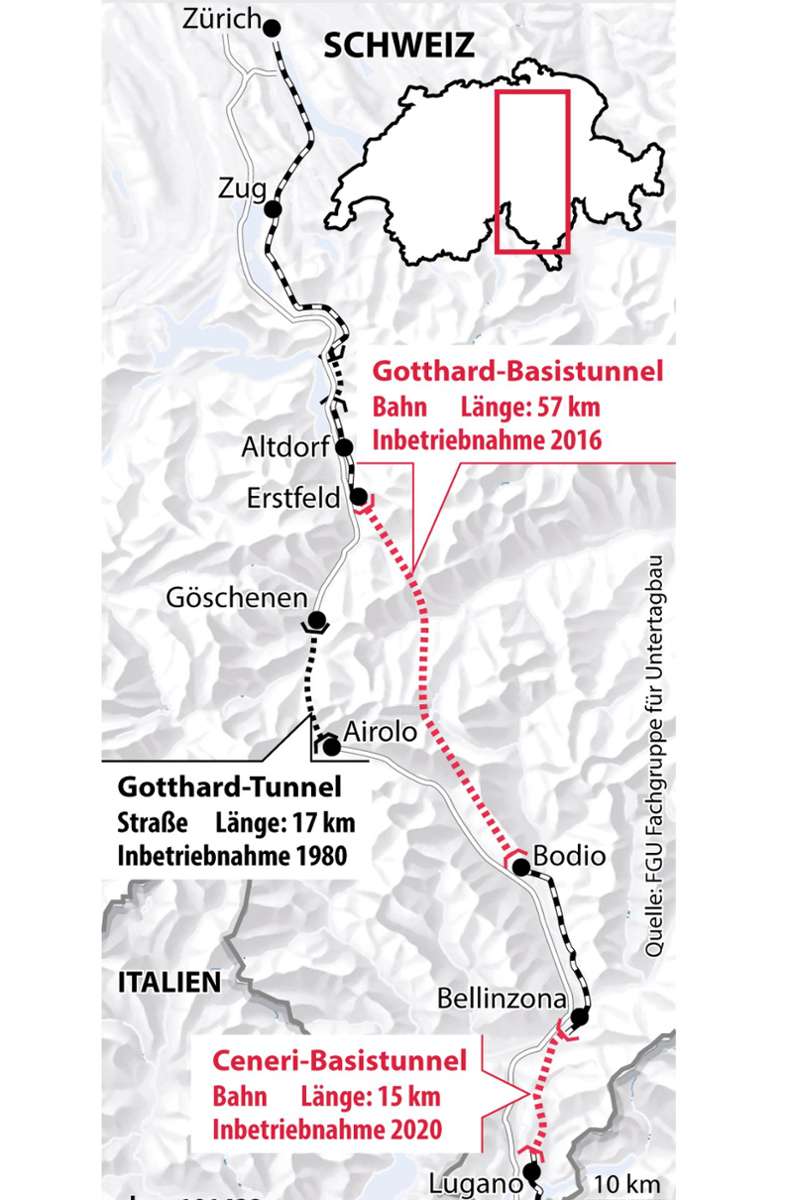 Gotthard-Tunnel und Ceneri-Basistunnel in der Schweiz.