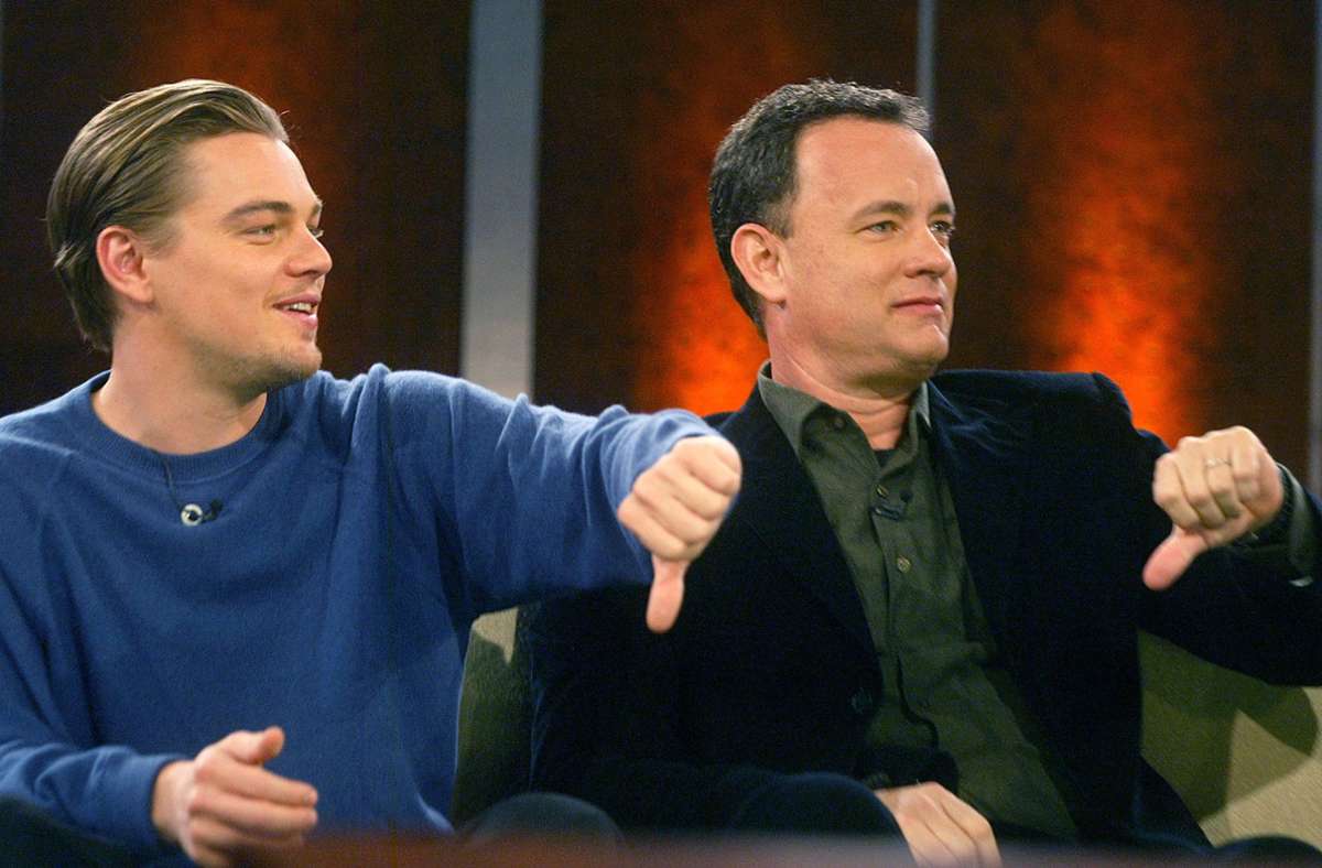 Die Schauspieler Leonardo DiCaprio und Tom Hanks in der letzten Böblinger Show 2003. Foto: