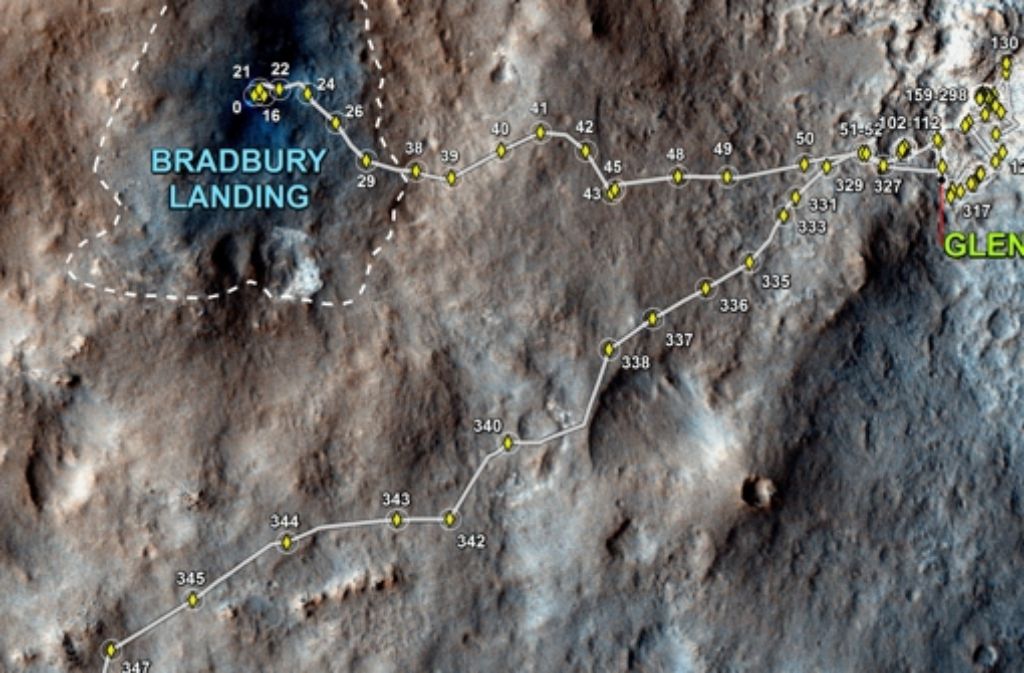 Der Roboter Curiosity hat seit seiner Landung nördlich von Mount Sharp knapp 1,7 Kilometer zurückgelegt. Die Karte zeigt seine Route; die Zahlen geben den jeweiligen Tag an. Gezählt wird in Marstagen, Sol genannt, die 40 Minuten länger sind als die Tage auf der Erde. Die Landezone ist nach dem Science-Fiction-Autor Ray Bradbury benannt worden.