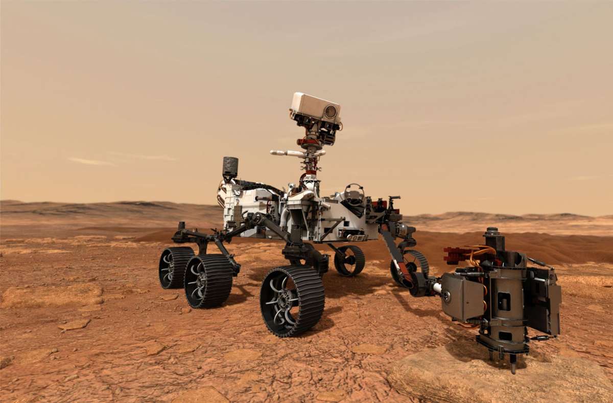 In dieser von der Nasa zur Verfügung gestellten Illustration verwendet der Nasa-Rover „Perseverance“ seinen Bohrer, um eine Gesteinsprobe auf dem Mars zu entnehmen.
