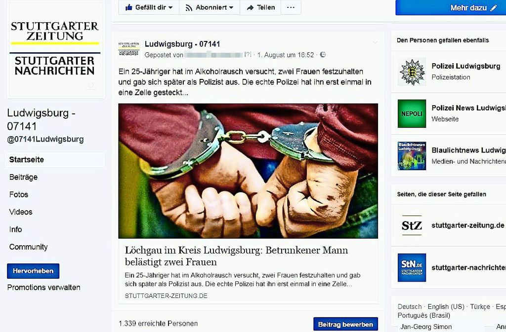 Auch auf Facebook informiert  die Ludwigsburger Redaktion über Neuigkeiten aus dem gesamten Landkreis. Foto:  Screenshot
