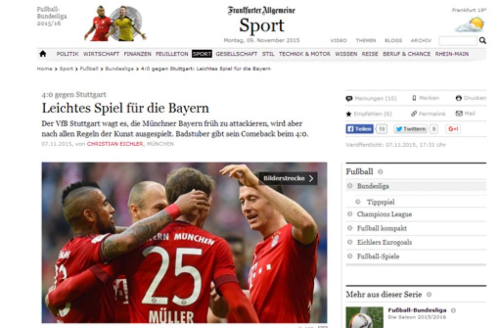 Die FAZ bleibt nüchterner und schreibt von einem "leichten Spiel" für die Bayern.