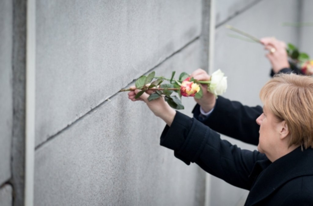 Bundeskanzlerin Angela Merkel steckt während einer Gedenkveranstaltung zum Mauerfall an der Mauergedenkstätte an der Bernauer Straße in Berlin eine Rose in einen Mauerspalt.