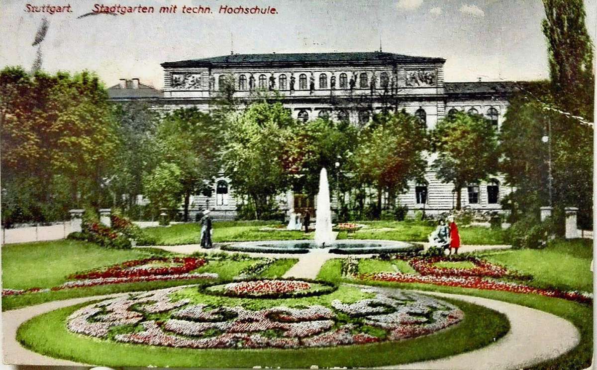 Stadtgarten mit Technischer Hochschule. Diese Karte ist 1909 gelaufen.