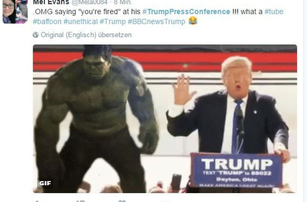 Diese Animation, in der der Superheld Hulk Donald Trump vom Podium schlägt, kursiert seit der jüngsten Pressekonferenz wieder im Netz.