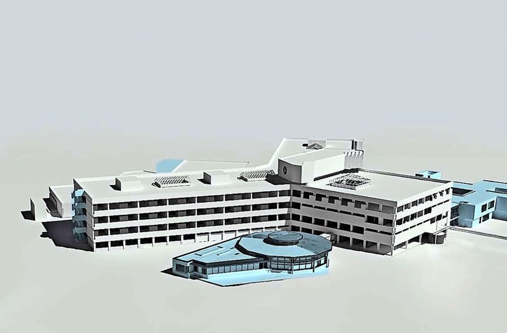 So soll das Krankenhaus in fünf Jahren aussehen. Links vorne ist die Cafeteria „Pavillon“, rechts neben dem Haupthaus die ausgelagerte Psychosomatik (blau). Foto: Landratsamt