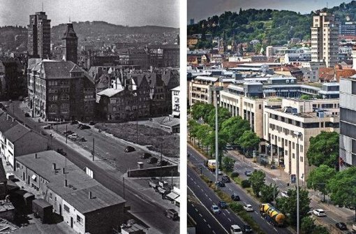 Links sieht man die Eberhardstraße in den 1950er Jahren; die kleinen Häuser in der rechten Bildhälfte stehen noch heute an der Nadlerstraße. Leider gelingt der Blick in die Eberhardstraße hinein heute selbst vom Hochhaus am Charlottenplatz nicht mehr (rechts). Weitere umstrittene Umbauarbeiten in Stuttgart sehen Sie in unserer Fotostrecke. Foto: Lazi/Zweygarth