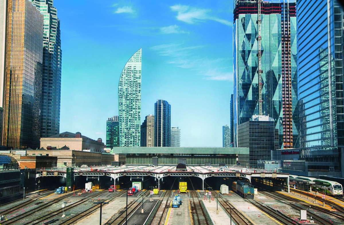 Inmitten von Hochhäusern liegt der neoklassizistische Bahnhof der kanadischen Stadt Toronto.
