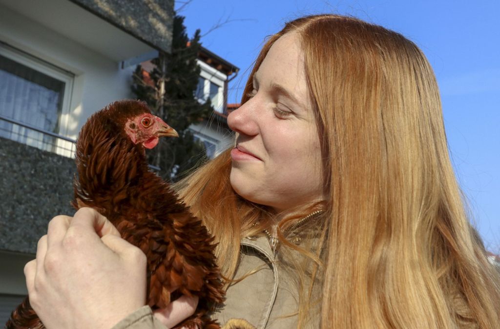 Die 15-jährige Katharina mit ihrem dunkelbraunen Huhn