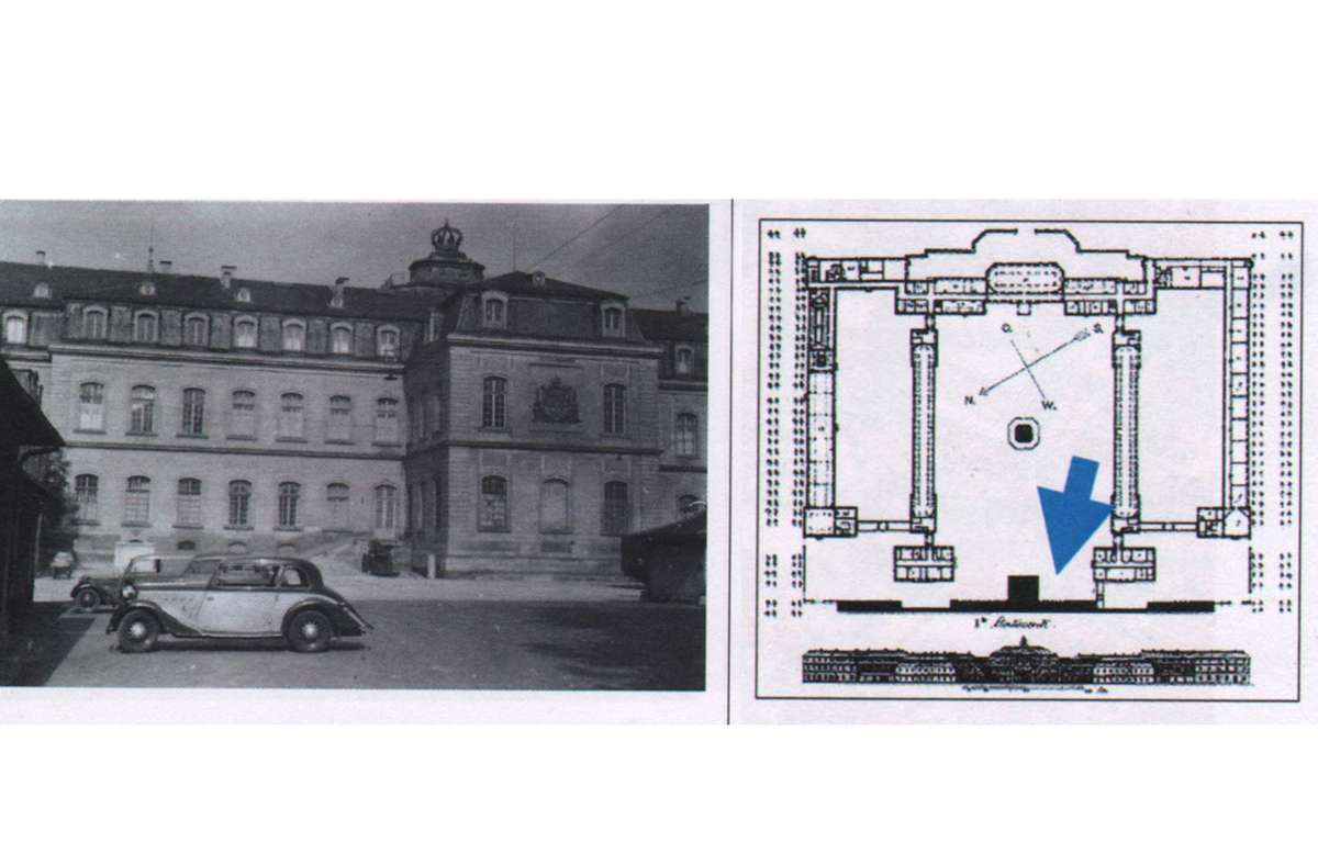 Blick vom Haupthof auf die Rückseite des Neuen Schlosses, 1942 noch mit Krone auf dem Mittelresalit.