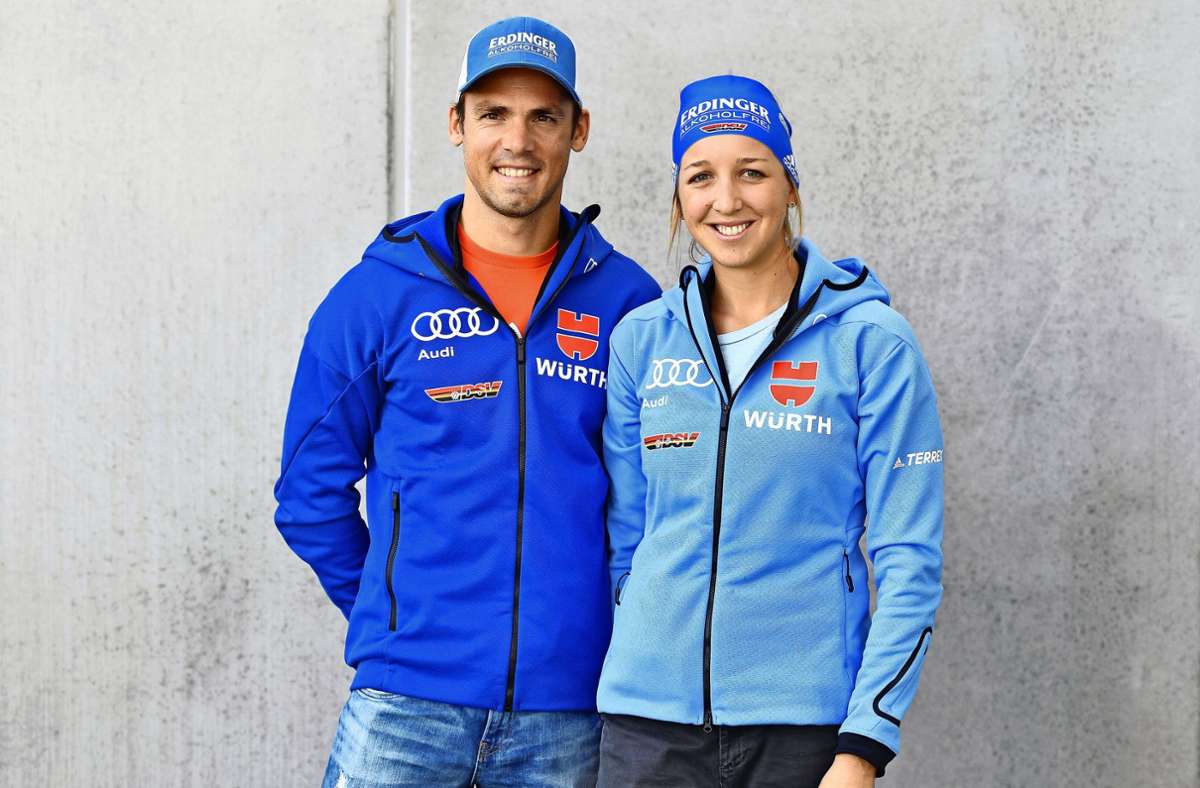 Und hier das Traumpaar des Biathlon-Sports: Simon Schempp und Franziska Preuß. Übrigens: Schempp war auch mal mit Felix Neureuthers Frau Miriam Gössner liiert. Lange her . . .