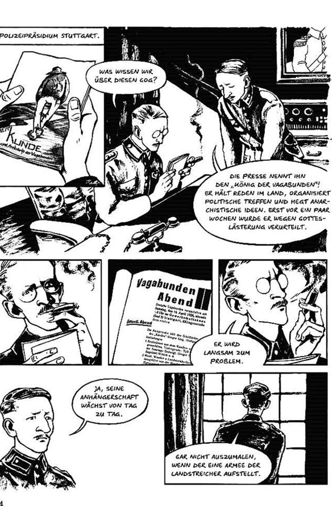 Der Polizei gefiel es nicht, wie Gog seine revolutionären Botschaften unters Volk brachte. Die Illustration stammt aus der frisch erschienenen Graphic Novel „Der König der Vagabunden“.