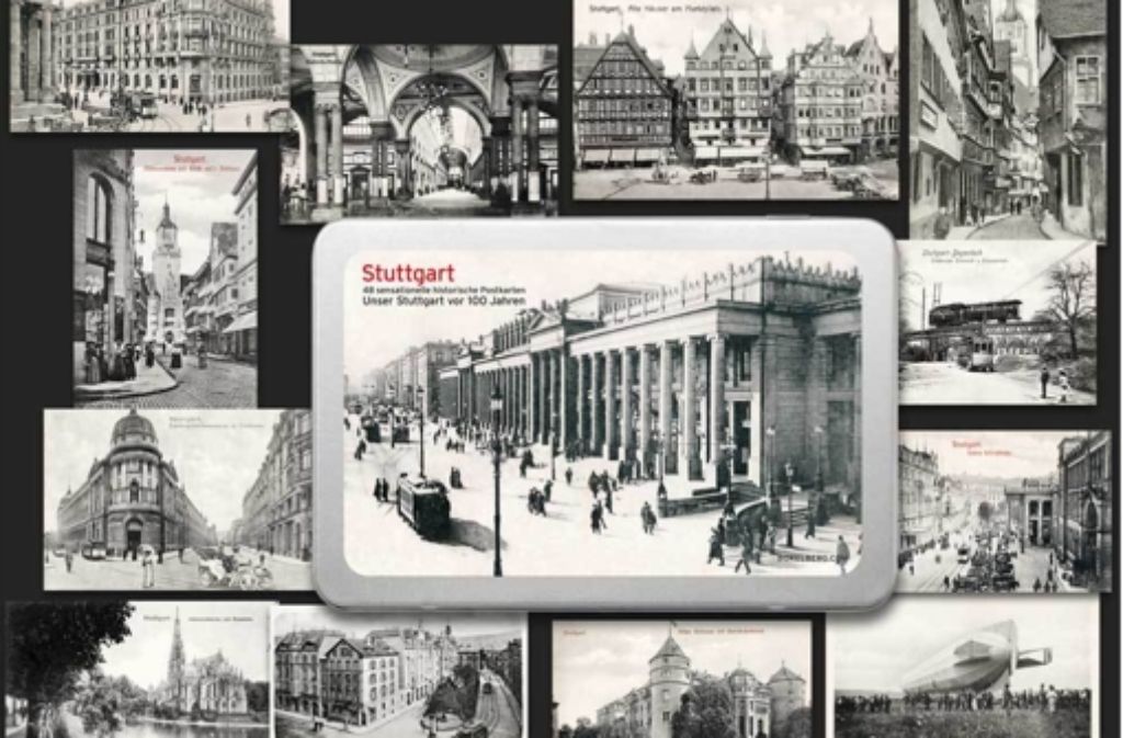 „Unser Stuttgart vor 100 Jahren“ – gibt’s in einer Weißblechbüchse in Form von 48 historischen Postkarten zu betrachten.