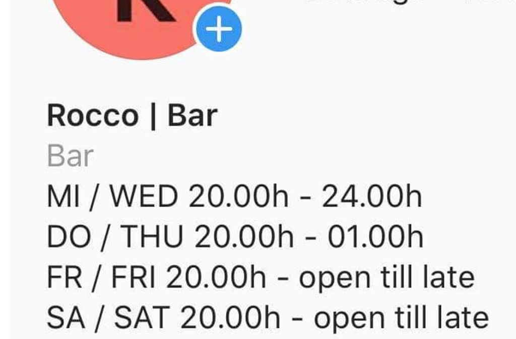 Die Öffnungszeiten der neuen Rocco-Bar.