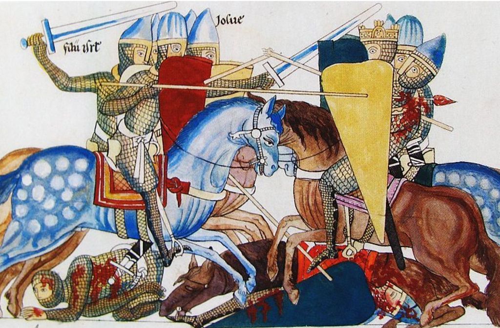 Blutrünstiges Handwerk: Ritter stoßen in der Schlacht aufeinander – Darstellung aus dem „Hortus Deliciarum“, einer im späten zwölften Jahrhundert verfassten Enzyklopädie der Herrad von Landsberg.