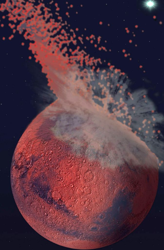 Mars Impakt: Die Illustration zeigt den simulierten Einschlag eines gigantischen Asteroiden auf dem Mars vor Millionen von Jahren. Astronomen gehen davon aus, dass es sich dabei um die mit Abstand größte Einschlagspur eines Asteroiden in unserem Sonnensystem handeln könnte.