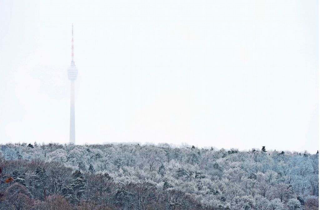 Die markante Silhouette des Stuttgarter Wahrzeichens schimmert durch eine weiße Wand. Die Baumkronen des Bopserwalds sind schneebedeckt.