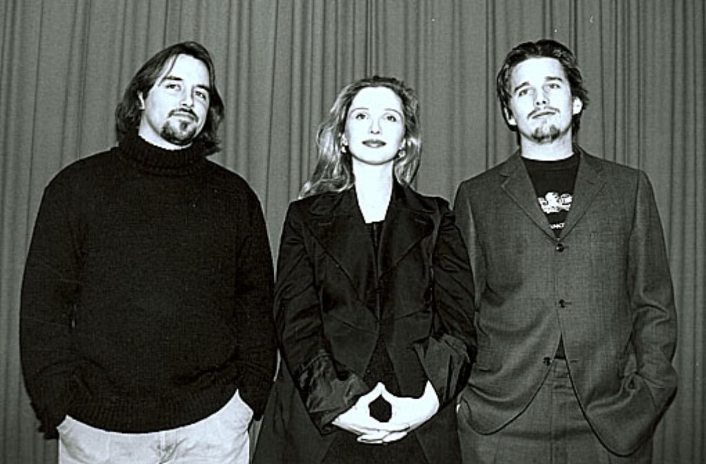 1995: Regisseur Richard Linklater, Julie Delpy und Ethan Hawke - die Crew des charmanten Liebesfilms "Before Sunrise" ist zu Gast in Berlin.