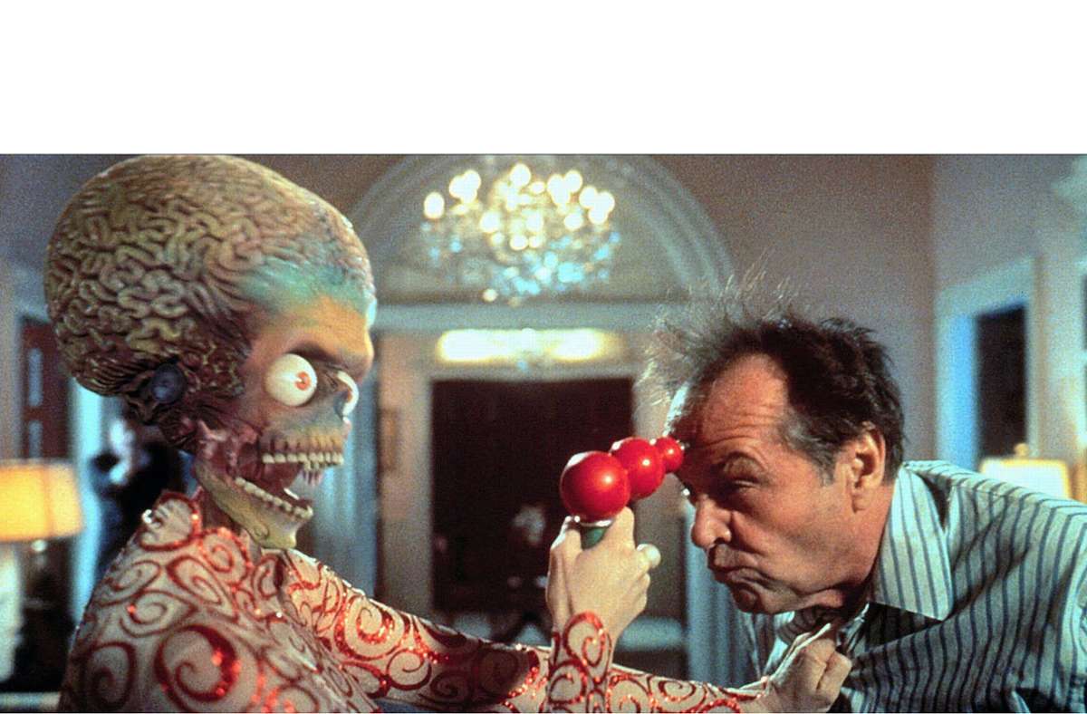 Die Marsianer aus Tim Burtons „Mars attacks“ sind dagegen die fiesesten Aliens der Filmgeschichte. Hier malträtiert einer den von Jack Nicholson gespielten US-Präsidenten.
