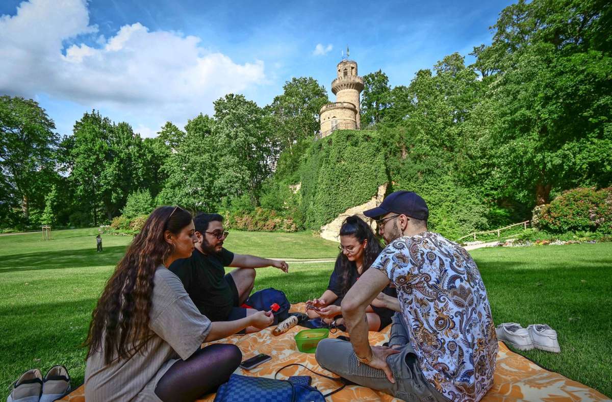 Picknick mit Blick auf den Rapunzel-Turm.