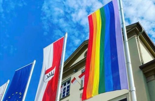 Vor dem Rathaus in Göppingen hängt die Rainbow-Flagge. Foto: Instagram/Allworldisgreen