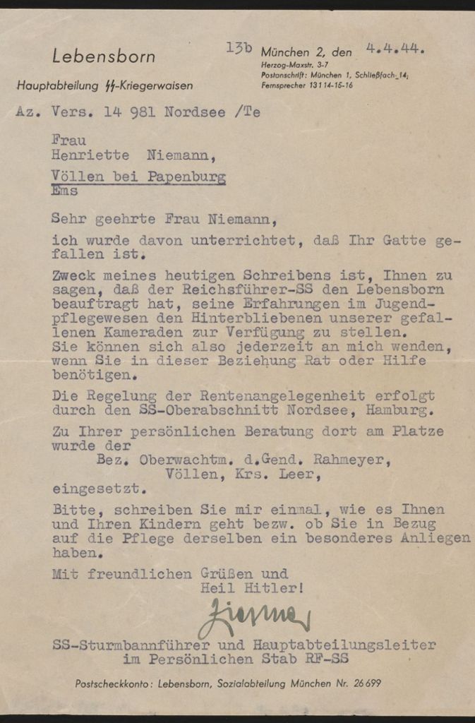 Brief vom Lebensborn an die Witwe Niemanns.