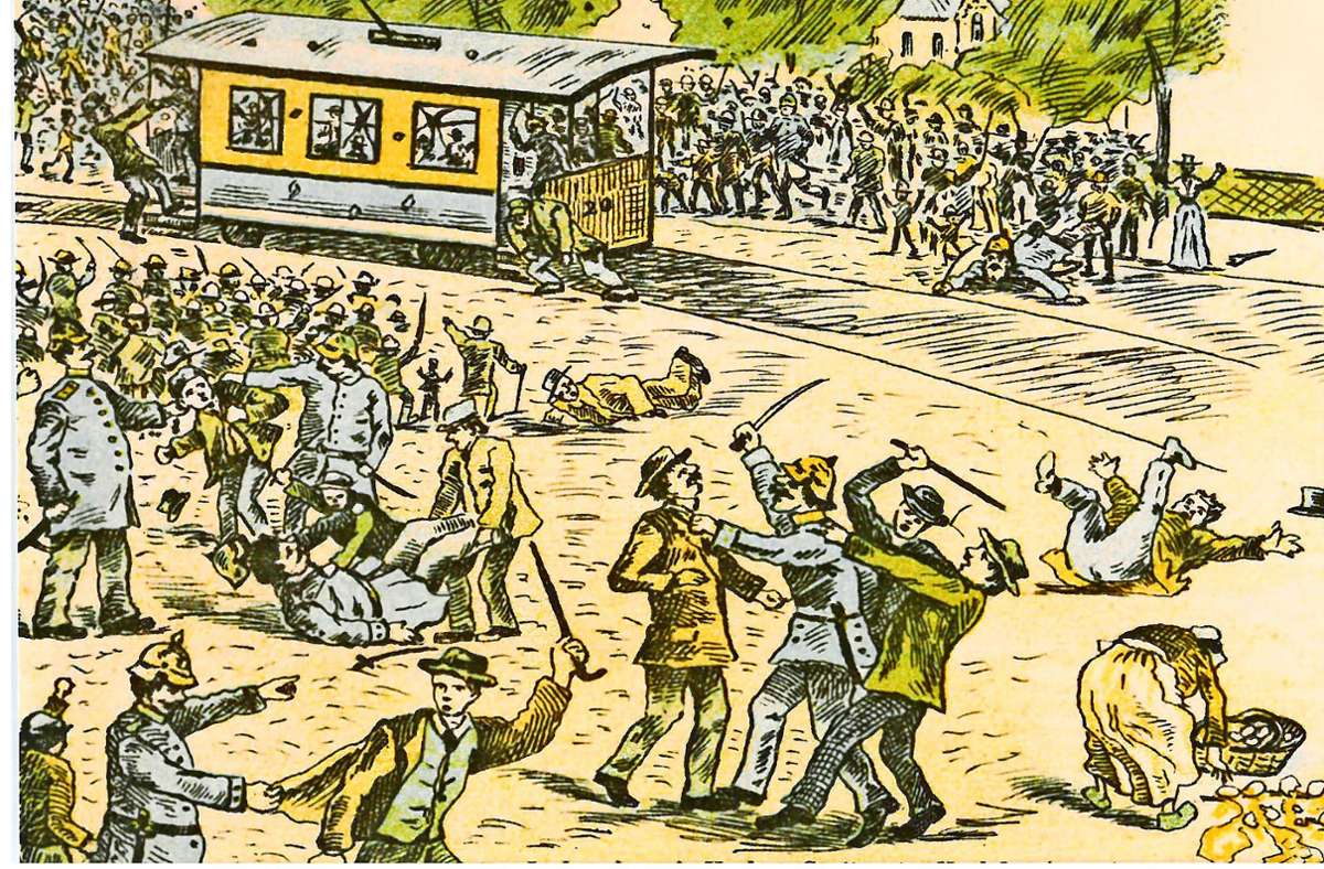 Diese zeitgenössische Postkarte illustriert die Tumulte während des Streiks. Die Polizei versuchte, dem Durcheinander mit Gewalt Herr zu werden.