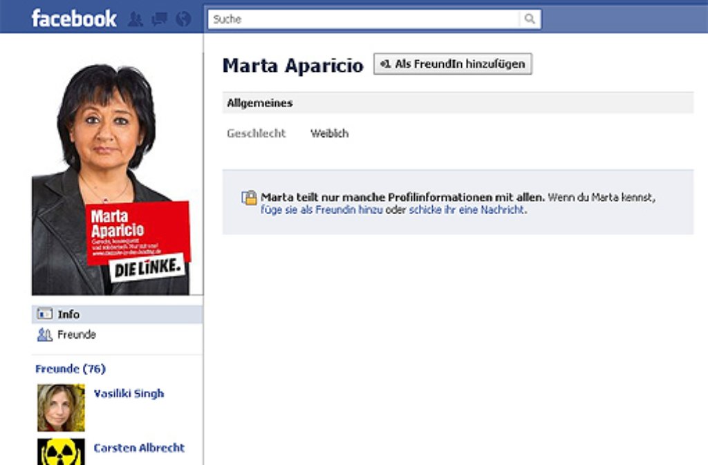 ... private Seiten kommen die Facebook-Auftritte der Linken-Spitzenkandidaten Marta Aparicio ...