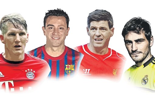 Unvorstellbar, aber wahr: Schweinsteiger, Xavi, Gerrard und Casillas (von links) ziehen sich neue Trikots an. Fotos:dpa (3), Real Madrid Montagen: Schlösser Foto:  
