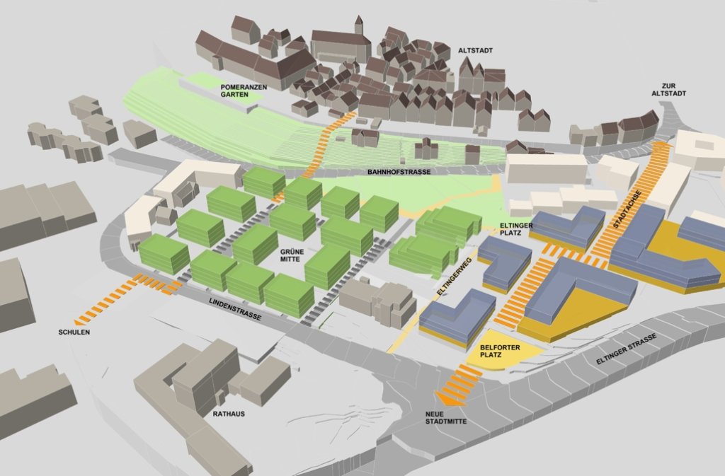 So sind die 16 neuen Mehrfamilienhäuser angeordnet, rechts sind Überlegungen für das Postareal zu sehen.