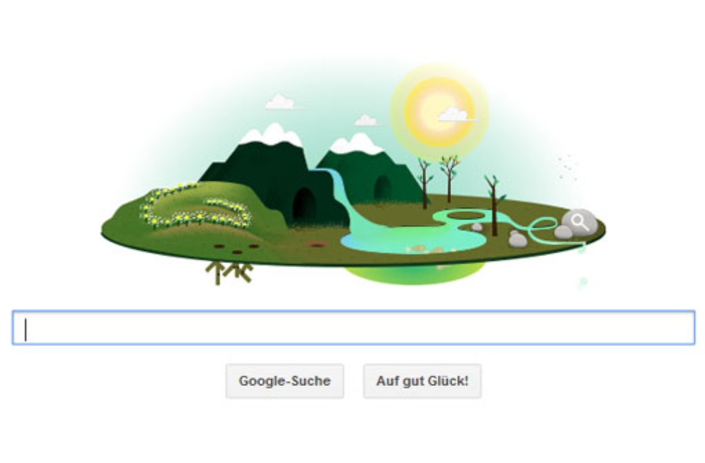 22. April 2013: Zum "Tag der Erde" verschönert eine animierte Berg- und Flusslandschaft den Google-Suchschlitz. Klickt man auf die Sonne, beginnt der Tageslauf. Als User kann man sich sogar zum Wettergott aufschwingen: Klickt man auf die Wolken, fällt Regen.