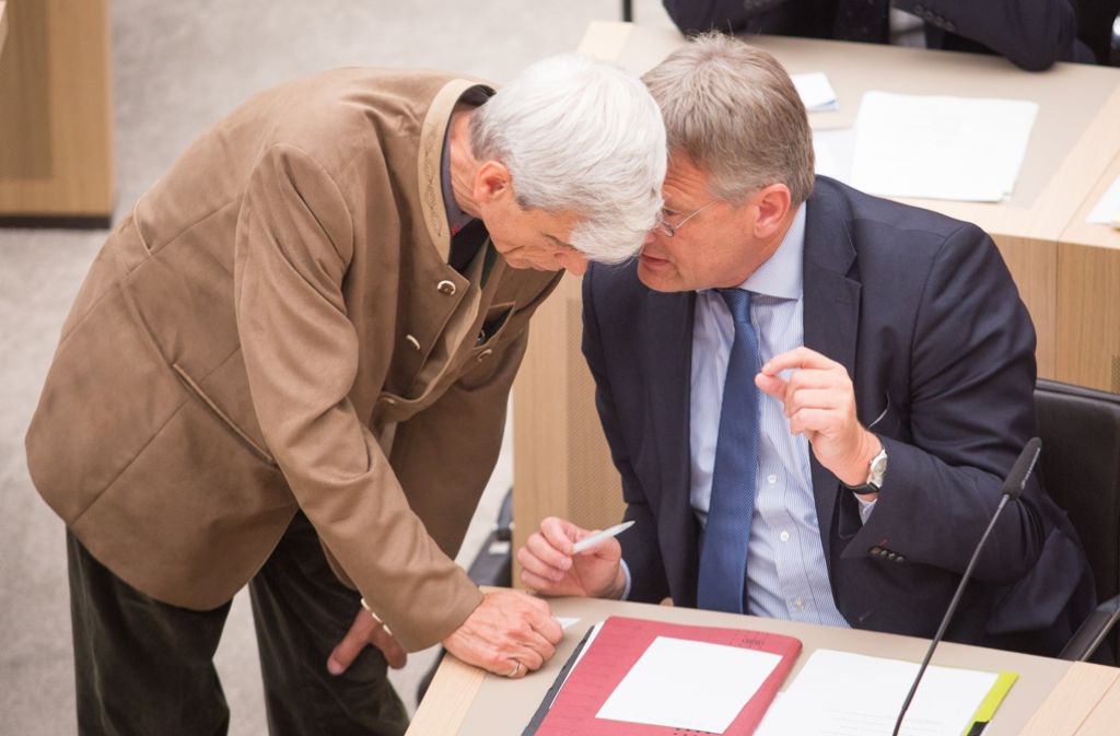 Wolfgang Gedeon im Gespräch mit  Jörg Meuthen, Fraktionschef der AfD im Stuttgarter Landtag. Foto: dpa