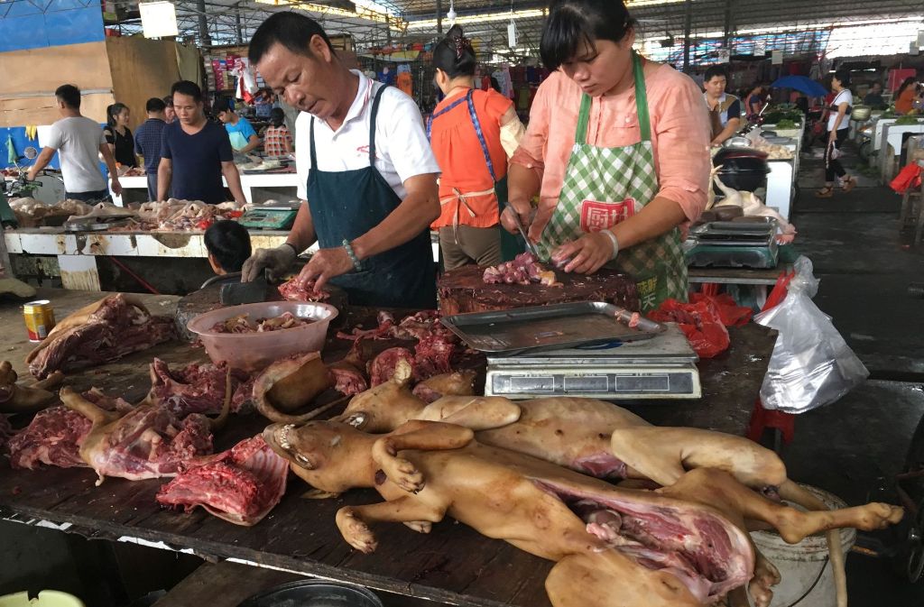 Verkäufer zerlegen Hundefleisch auf dem riesigen Markt in Yulin.