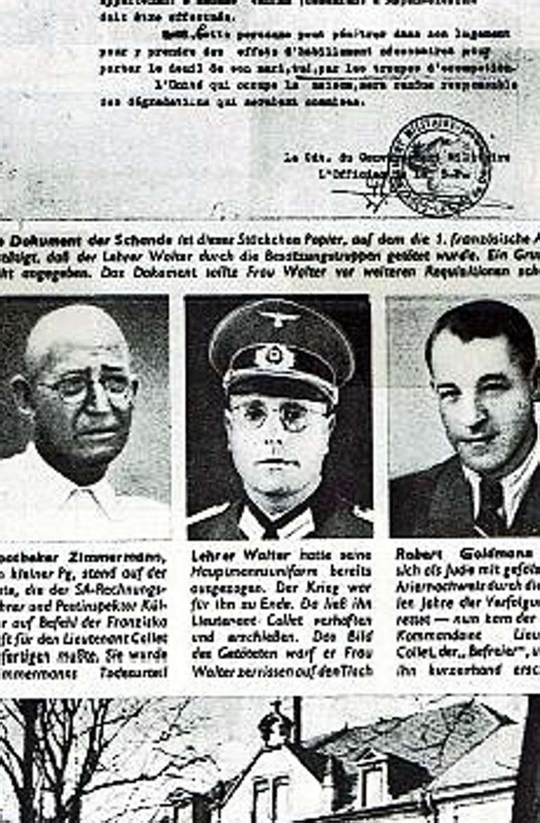 Ein Zeitungsausschnitt mit den Fotos der drei Getöteten: Walter Zimmermann, Fritz Walter und Rudolf Goldmann (von links)