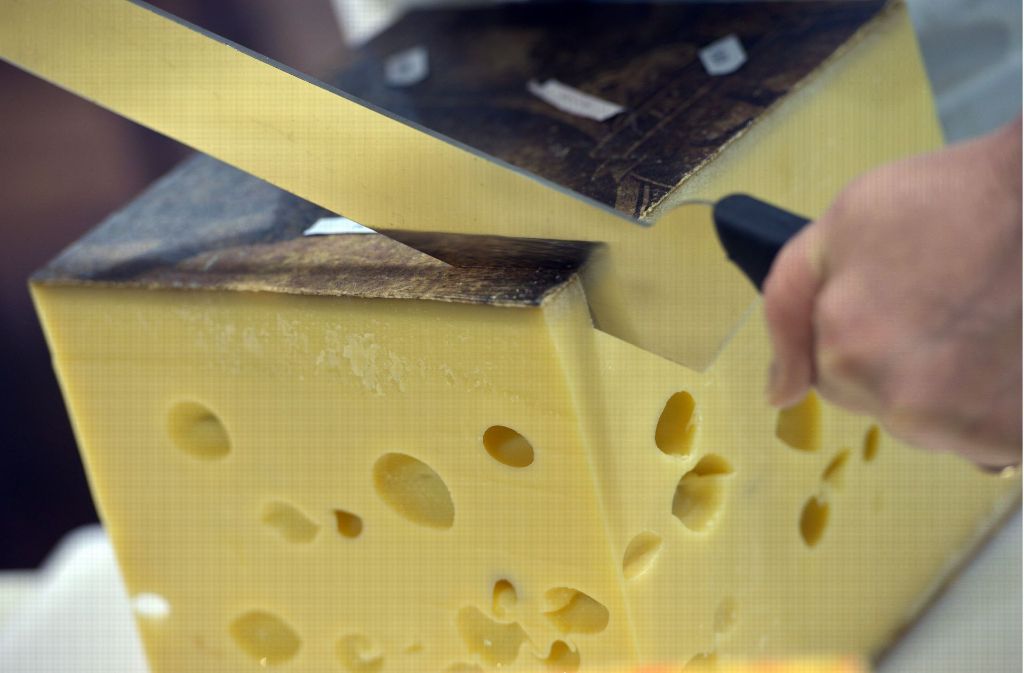 Beim größten Käsetest Europas schneidet ein Experte in Trier einen Emmentaler Käse.