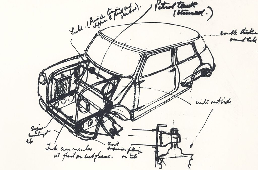 Wie alles begann: Mini Prototyp Projektzeichnung. Handskizze des „Mini-Vaters“ Alec Issigonis, 1958.