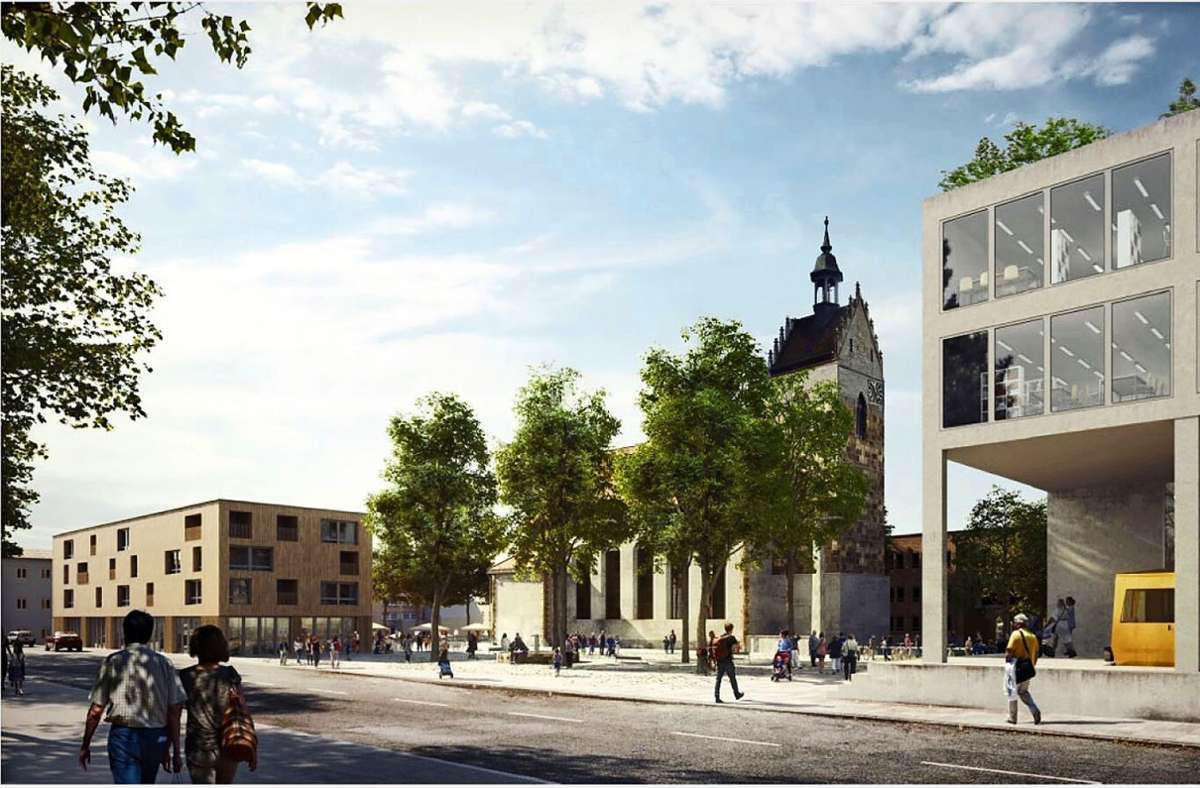 Einer der Entwürfe zur Umgestaltung des Fellbacher Zentrums – rechts ist das vorgesehene Mobility Hub. Foto: ASP Architekten