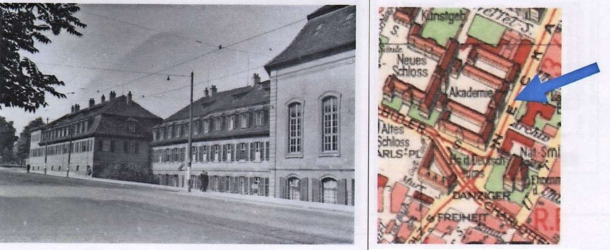 Von 1740 bis 1745 als Infanteriekaserne errichtet, machte Herzog Carl Eugen das Areal 1775 zur Akademie. Rechts ist noch das Eck der Kirche zu sehen. Im Gebäude daneben wohnten die adeligen Schüler getrennt von den bürgerlichen, die in zwei anderen Flügeln lebten. Ganz links beginnt der Charlottenplatz, der 1942 noch Danziger Freiheit hieß.