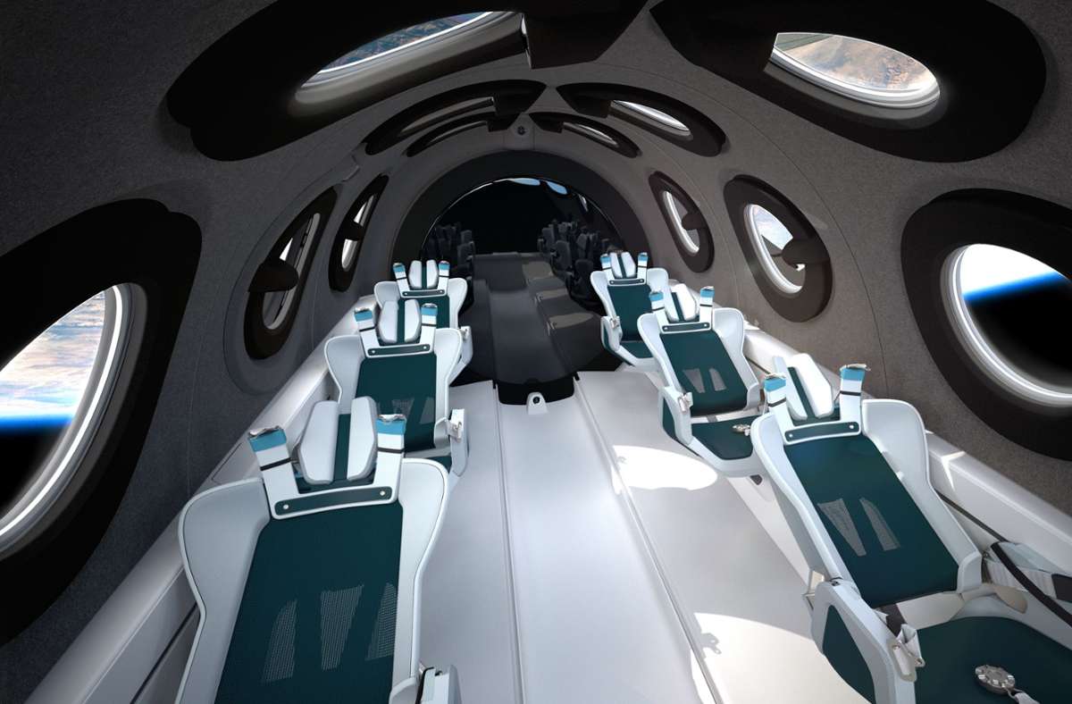 Kabineninnenraum des „Virgin Galactic Spaceship“ SpaceShipTwo, ein Raumflugzeugtyp des Herstellers The Spaceship Company.
