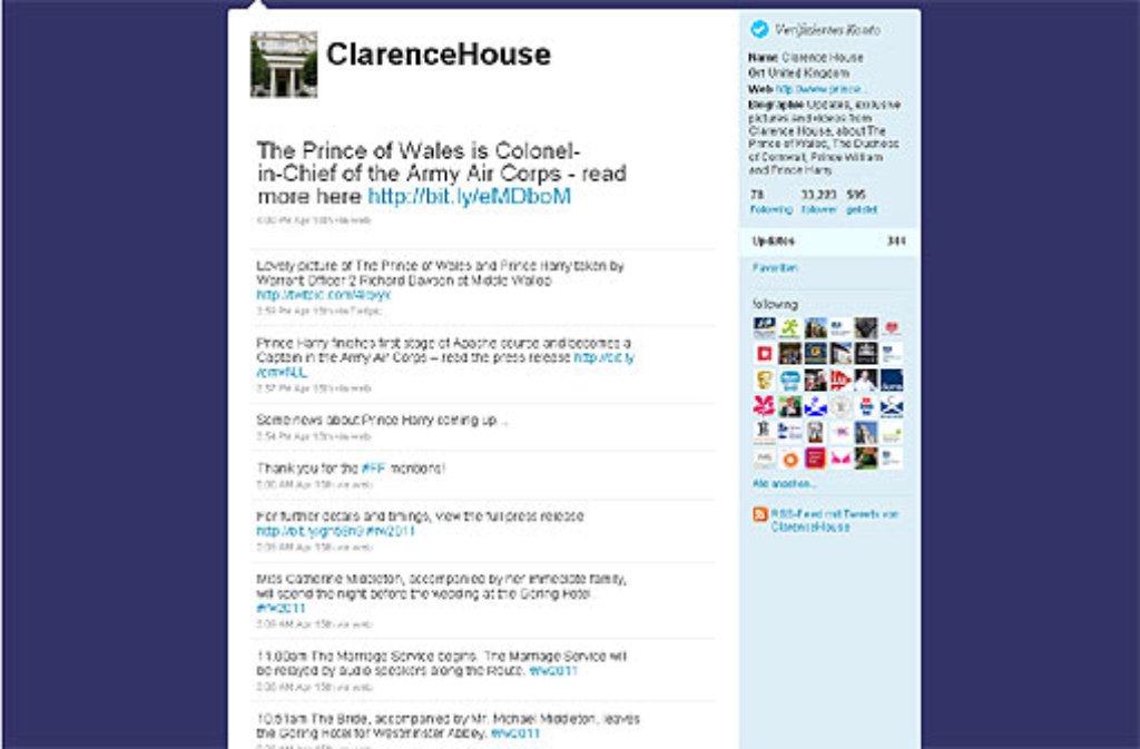 ... wird auch getwittert: Den Account "ClarenceHouse", der Bilder, Videos und Nachrichten zu unter anderem Prinz William und Prinz Harry veröffentlicht, verfolgen weltweit fast 34.000 Follower. Das Hashtag für die Hochzeit übrigens lautet "rw2011". Und auch ...