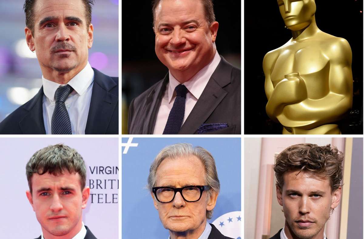 Nominiert als beste Hauptdarsteller sind (von links) Colin Farrell („The Banshees of Inisherin“), Brendan Fraser („The Whale“), Paul Mescal („Aftersun“), Bill Nighy („Living“) und Austin Butler („Elvis“).