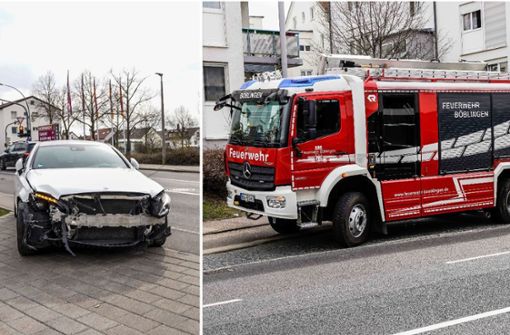 Mercedes gegen Feuerwehrauto. Im Gegensatz zu dem Pkw ist der Schaden bei dem Einsatzfeuerzeug  kaum erkennbar. Foto: SDMG/SDMG / Dettenmeyer