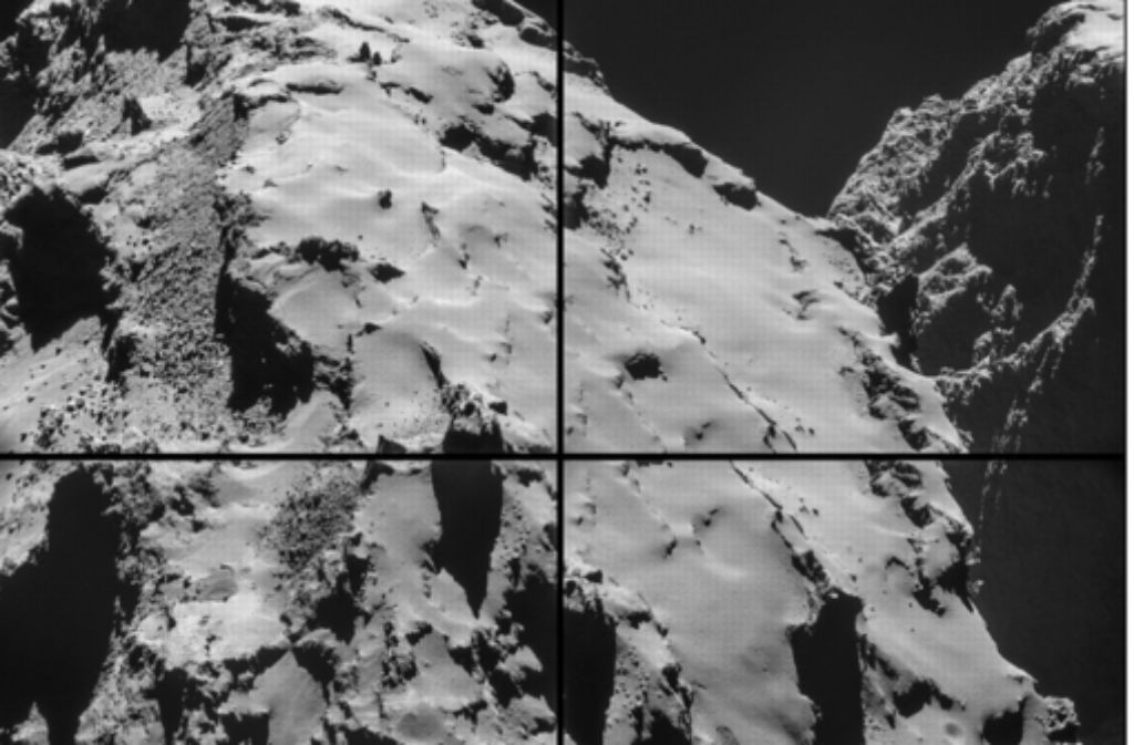 Wäre dieses Bild auf der Erde entstanden, würde man schneebedeckte Hänge und Felsen erkennen. Doch es handelt sich um eine Seite des Kometen Tschurjumow-Gerassimenko. Daher muss man mit solchen Interpretationen vorsichtig sein. Noch ist unbekannt, woraus der Komet genau besteht.