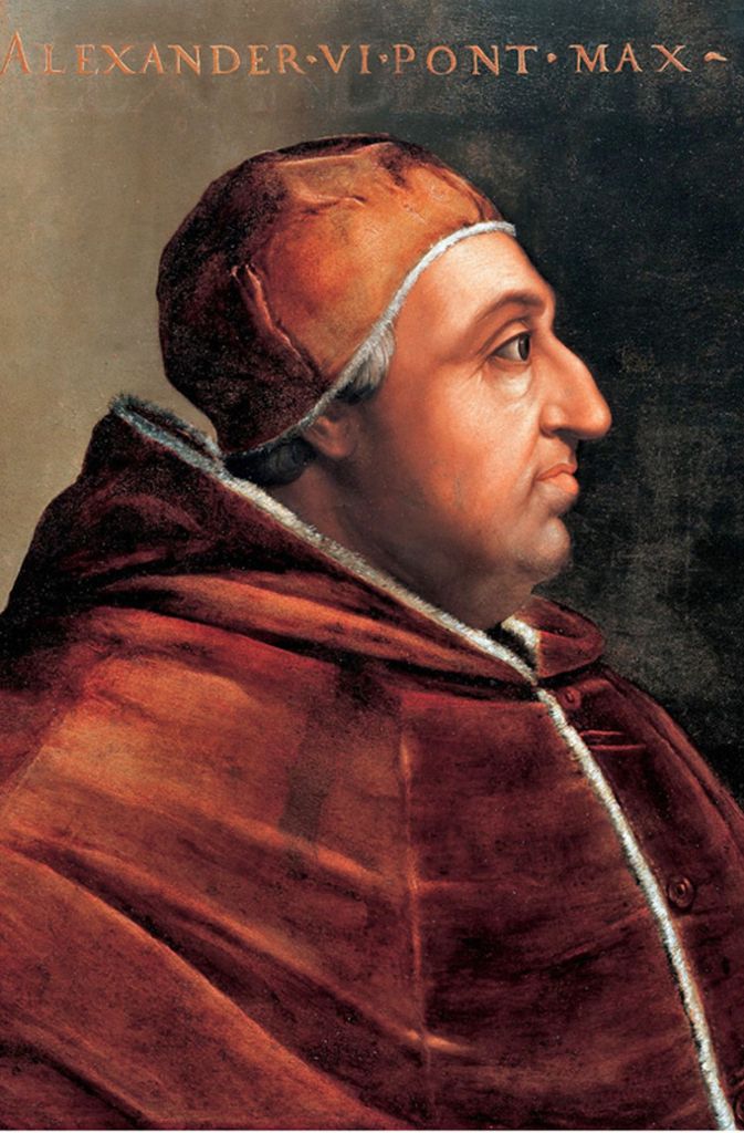 Papst Alexander VI., geboren als Rodrigo Borgia (1431-1503) war von 1492 bis 1503 Papst und ohne Zweifel einer der korruptesten Männer auf dem Thron Petri. Seinen Sohn Cesare ernannte er zum Kardinal, sein anderer Sohn Giovanni wurde mit seiner Hilfe Herzog von Benevent.