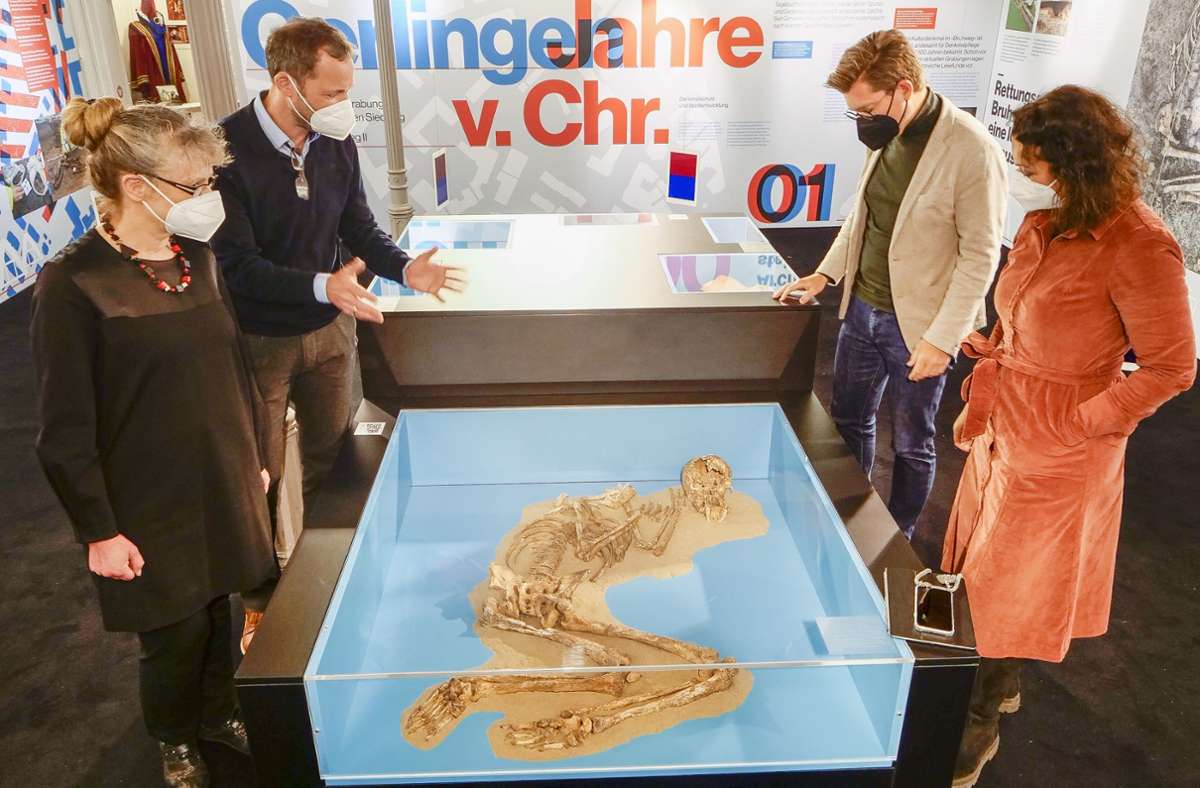 Museumsleiterin Birgit Knolmayer, Christian Bollacher vom Landesamt für Denkmalpflege (LAD), Bürgermeister Dirk Oestringer und Nicole Ebinger vom LAD (von links) betrachten ein Exponat der Ausstellung: ein Skelett, das bei der Ausgrabung gefunden wurde.