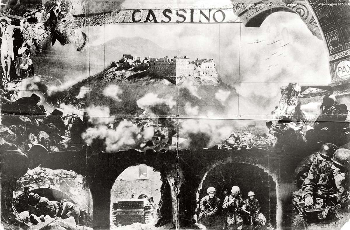 Fotomontage zu der Schlacht um Monte Cassino, die ähnlich wie die Landung auf Kreta zum Mythos wurde, der unter Fallschirmjägern quasi-religiöse Züge annahm.