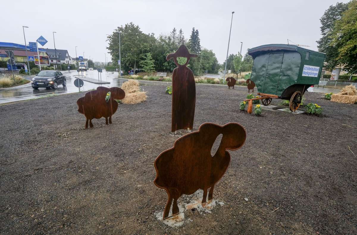 Auch in Markgröningen gibt es neue Skulpturen: An einem Kreisverkehr wird nun auf den Schäferlauf aufmerksam gemacht.